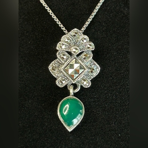 Vintage Sterling Silver Marcasite Necklace with Green Jade Teardrop Pendant - Picture 1 of 11